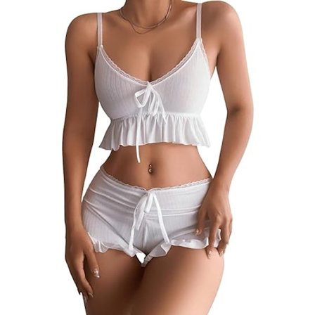 Dame 2-delt Lingeri Sæt, Rynket Kant Bånd Foran Cami Top Shorts Natskjorte