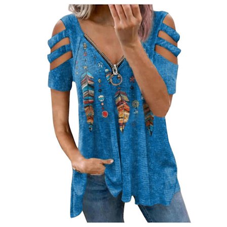 Dam sommartoppar V-ringad dragkedja Cool T-shirt Axelbandslös kortärmad lös blus