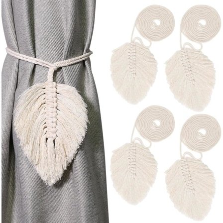 4 kpl Boho-lehtipuuvillaverhonpidikkeitä, makramee-verhonpidikkeet, verhonpidikkeet, beige puuvillaköysipidikkeet
