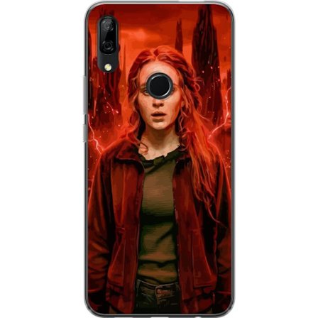 Kompatibelt Mobilskal till Huawei Huawei P Smart Z Porträtt av en ung kvinna med rött hår i en apokalyptisk landskap, röda blixtar och mörka klip