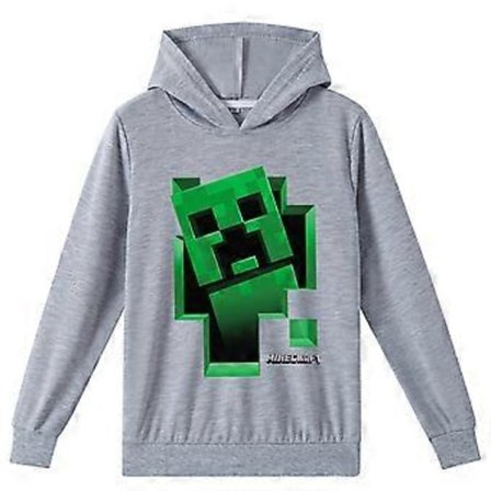 Minecraft Trykt Børne Hoodie til Drenge og Piger Casual Langærmet Hættetrøje Trøje Jumper Tops (8-9 År Grå)