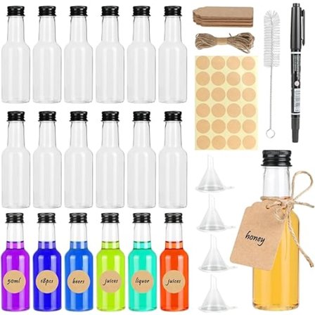 Små flaskor för fyllning, 18 stycken 50 ml plastlikörflaskor med liten tratt