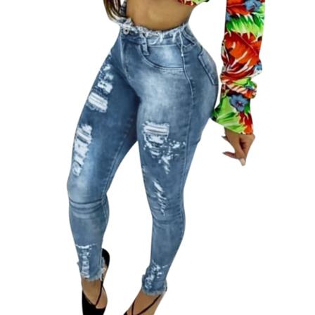 Blue Ripped Jeans Dam Street Style Full Längd Sexig Mid Rise