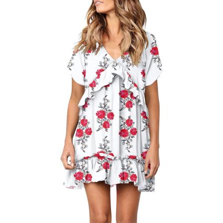 Sommarklänning Kvinnor Vintage V-ringad Snygg Print Ruffle Mini Sho