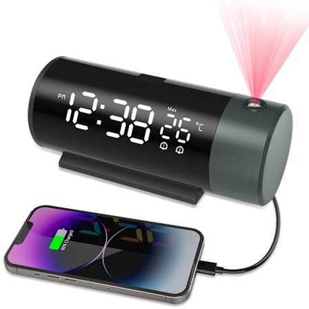 Projektionsväckarklocka för sovrum med 180° roterande projektor