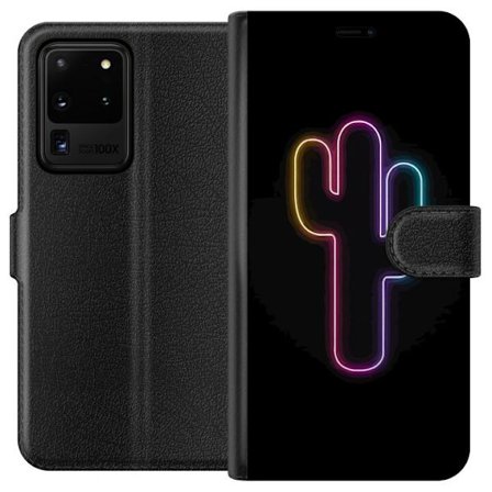 Kompatibel Tegnebogsetui til Samsung Samsung Galaxy S20 Ultra Neon illustration af kaktus i pink og blåt lys mod mørk baggrund