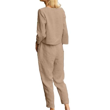 Dames Lang Top Bukser Sæt Ensfarvet Rund Hals Langærmet Elastisk Talje Todelt Sæt Khaki M