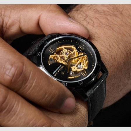 Dante II | Montre squelette en acier inoxydable couleur noir et or avec bracelet en cuir pour hommes - Montres bracelet