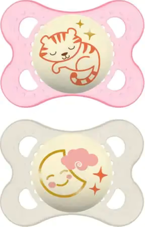 Mam Night Silk Teat smokk som lyser i mørket rosa 0-6 måneder 2 stk