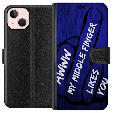 Kompatibelt Lommeboketui til Apple iPhone 13 Mørk typografisk illustrasjon med hjerteform og budskap om vennskap mot dyp blå tretekstur