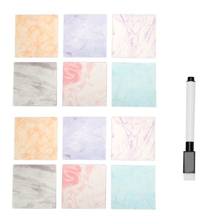 12 uudelleenkäytettävää pyyhittävää muistilappua seinälle, jääkaapille, peilille, työpöydälle + kynä