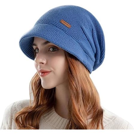Damer Slouchy Strikket Hat Vinter Varmt Fleeceforet Beanie Hat Strækbar Skull Cap med Visir Brim, Blå