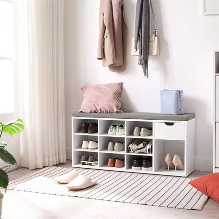 Oppbevaringsbenk med polstret sete og 10 rom og 1 skuff - Hvit/grå