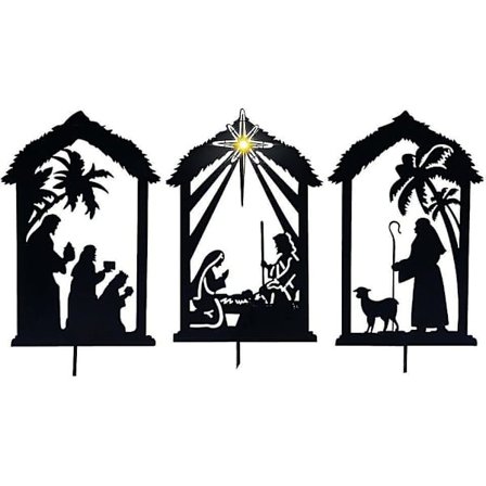 Metall utendørs julekrybbe skyggestaker, plenhage vintergressdekorasjoner for juleferie med metallstaker C-mxbc