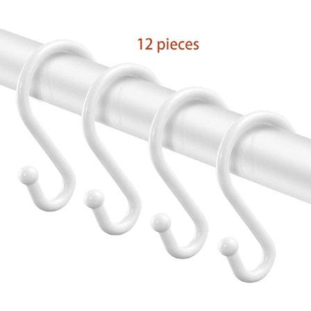 Duschdraperikrok i metall, en uppsättning med 12 ringar, rostfri S-formad krokhängare vit för duschdraperi, köksapparater, etc.