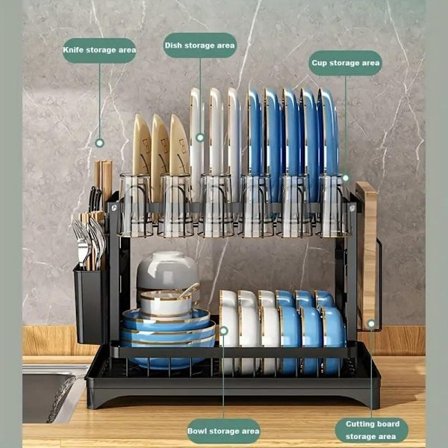 Dobbel Dekket Oppvaskstativ med Bestikkholder og Dryppbrett, Oppvaskstativ med To Nivåer, Kjøkkenvaskavløp med 2 Nivåer