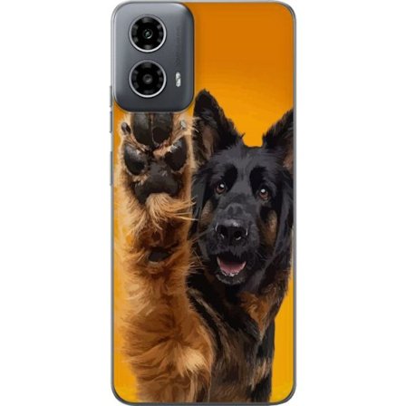 Yhteensopiva Puhelinkuori Motorola Moto G34 Iloinen koira vilkuttaa tassullaan viehättävä eläinmuotokuva keltaisella taustalla täydellinen koiran