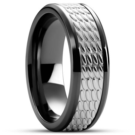 Hyperan | 8 mm Black Titanium Ring with Silver-tone Oval Pattern for Men - Titanium rings