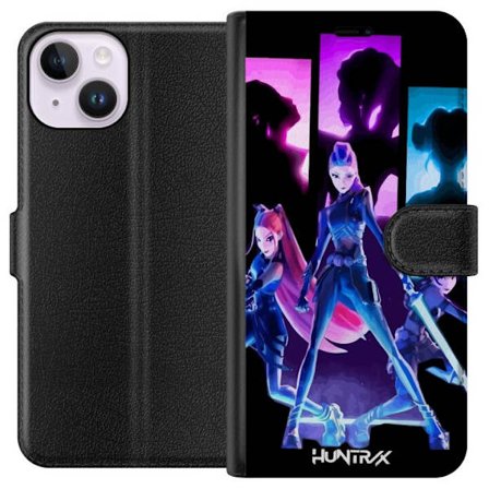 Yhteensopiva Lompakkokotelo Apple Apple iPhone 15 Tulevaisuutta ennustava tyttöryhmän kuva, jossa on neonvaloja ja voimakkaita värejä sci-fi-estee