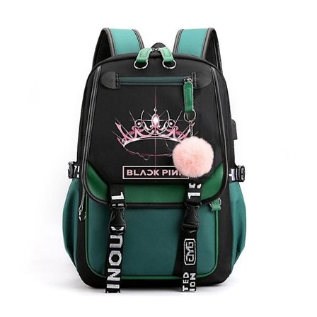 Blackpink Reppu Kannettavalle Tietokoneelle Koululaukku Kirjalaukku USB-latauksella ja Kuulokeportilla