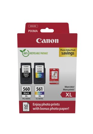 Canon PG-560XL/CL-561XL Photo Value Pack - 2-pack - Høy ytelse - svart, farge (cyan, magenta, gul) - original - blank - blekkpatron/papirsett