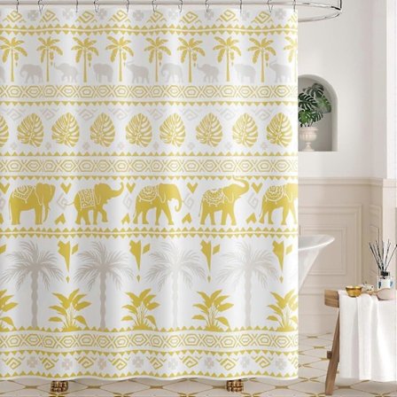 Boho Tropisk Elefant Växt Duschdraperi Kokospalm Träd Palmblad Bohemiskt Vattentätt Tyg Duschdraperier för Badrum med 12 Krokar Gul