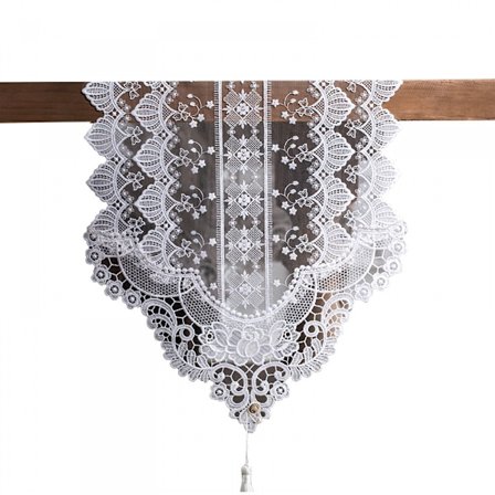 Blondert løper for bord, blondert løper med blomsterbroderi for bord, hvitt bordløper