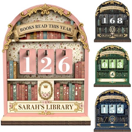 Personliga böcker Lästa i år-räknare med namn, Bokspårare för läsmålsutmaning, Bokälskargåvor till lärare, författare och litterära fans