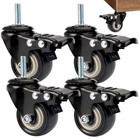 4 stk. svingbare hjul med M8x25mm gjenget stamme, kraftige møbelhjul 50mm, svingbare hjul med brems, hjul