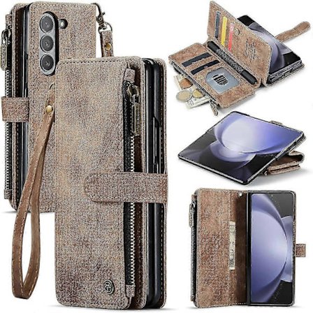 Plånboksfodral med blixtlås för Samsung Galaxy Z Fold 6 med pennhållare, lyxigt PU-lädermagnetiskt flippfodral med handledsrem & kortfack