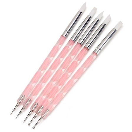 5 st Nail Art Dotting Verktyg Nagel Silikonborste Dubbelhuvud Uv Gel Dotting Ritning Pensel Lera Skulptur Ritverktyg (rosa & Klar)
