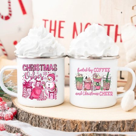 Christmas Vibes Enamel Mug Xmas Pink Style Coffee Latte Cups Christmas Party Drink Juice Beer Mug Xmas Holiday Best Gift Cup