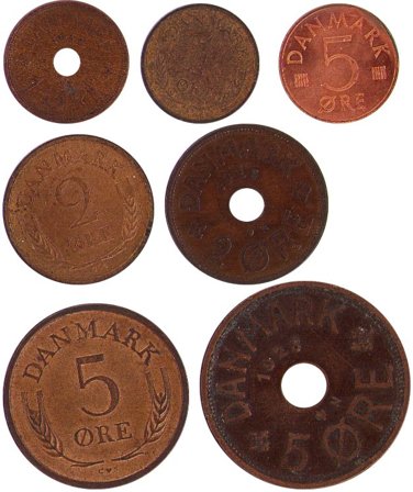 Danmark - 7 forskellige danske bronze-mønter