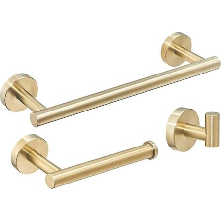 Badrumshandduksställ/toalettpappershållare/krokkrok, borstat guld, 3 delar rostfritt stål badrumstillbehör
