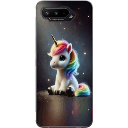 Kompatibelt Mobilskal till Asus Asus ROG Phone 5 Sittande enhörning med regnbågsman i mjukt ljus, stjärnor i bakgrunden och sagolik känsla i charm