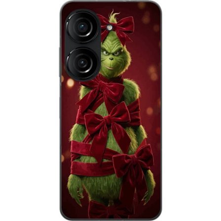 Yhteensopiva Puhelinkuori Asus Asus Zenfone 10 Grinchi-hahmo koristeltu punaisilla samettinauhoilla juhlavassa studiossa, leikkisällä ja humoristise