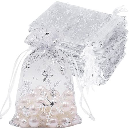 100 stk. Snefnug Organza Gaveposer Jul 10x15 cm, Små Hvide Smykkeposer i Mesh med Snoretræk -