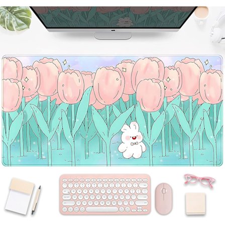 Kawaii Tecknad Kanin Skrivbordsunderlägg Söt, Rosa Tulpan Skrivbordsunderlägg Anime Blommor Musmatta Utökad Spelmusmatta XXL 31,5 "x15,75 "_tfrf