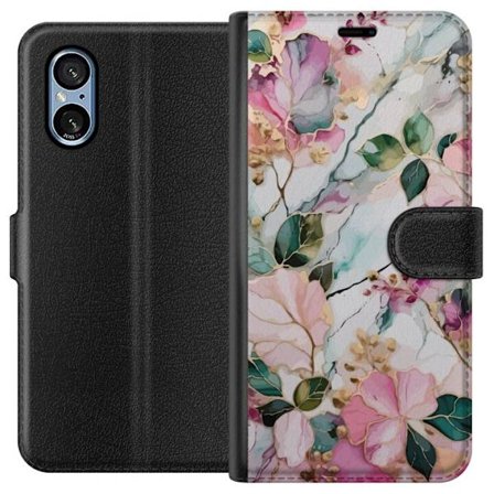 Kompatibel Tegnebogsetui til Sony Xperia 5 V Abstrakt marmormønster med blomster, blade og gyldne detaljer i bløde pastelfarver