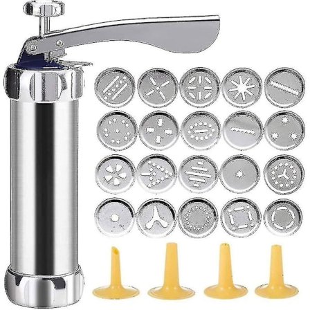 Trykk aluminium trykksett kakemaker konditoripresse med 20 tips og 4 tynne deigspraytips rustfritt stål sølv gratis frakt