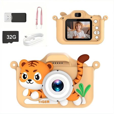 Mini Tiger Barnekamera 1080P HD Doble kameraer 2.0 Tommers IPS Skjerm 32G gul