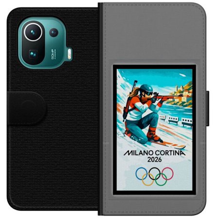 Kompatibelt Lommeboketui til Xiaomi Mi 11 Pro Retroplakat Cortina Milano 2026 med fjell, vintersportsutøvere, italienske trikolor, Milano-katedralen o