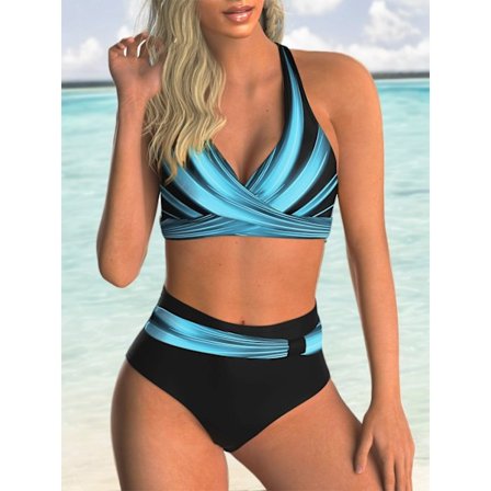 Todelt badedrakt for kvinner, V-hals, Criss-Cross blomstermønster bikini, badedrakt, Tummy Control Bikini Sets BLÅ