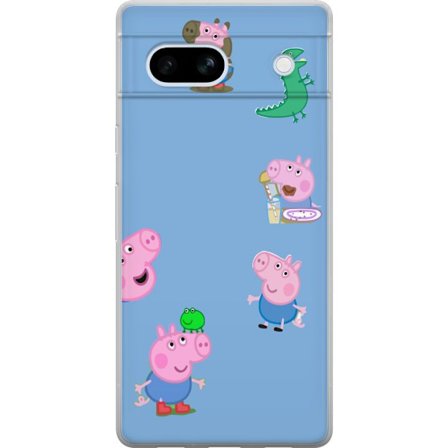 Kompatibelt Mobildeksel til Google Pixel 7a Peppa Pig ansiktsmønster på lys blå bakgrunn, gjentatt leken barndommotiv med Greta Gris