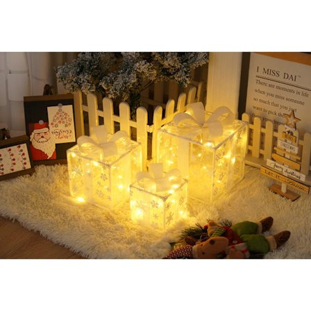 Set med 3 julbelysta presentaskar LED-belysning Julpresentprydnader för utomhus inomhus julgran, varmvit