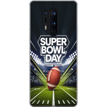 Kompatibelt Mobildeksel til OnePlus 8 Pro Super Bowl Day plakat med amerikansk fotball på opplyst arena i dramatisk sportsdesign