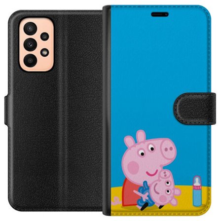 Kompatibelt Lommeboketui til Samsung Galaxy A23 Peppa Pig alvet tema med krone og tryllestav på rosa bakgrunn, søt barneillustrasjon med Greta Gris i
