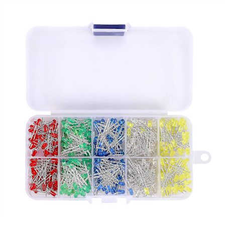 3mm LED 500 stk Røde Grønne Gule Blå Hvite Lysdioder