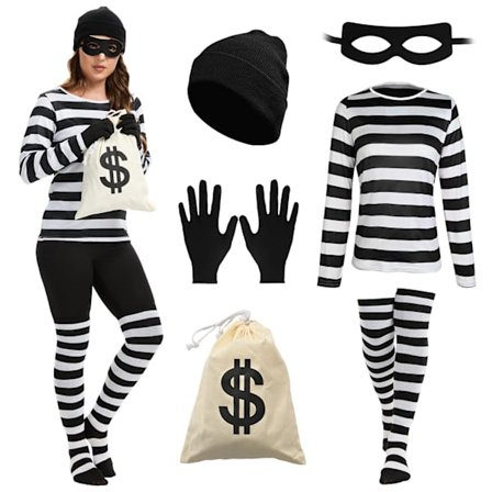 Røverkostymesett for kvinner - Stripet T-skjorte, lue, maske, hansker, pengesekk og stripete benvarmere for Halloween Cosplay (One Siz