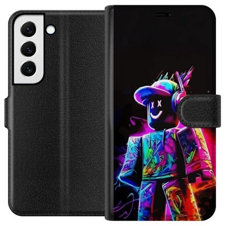 Kompatibel Tegnebogsetui til Samsung Samsung Galaxy S22+ 5G Farverig Roblox-spiller i neonfarver mod sort baggrund i moderne gamingstil